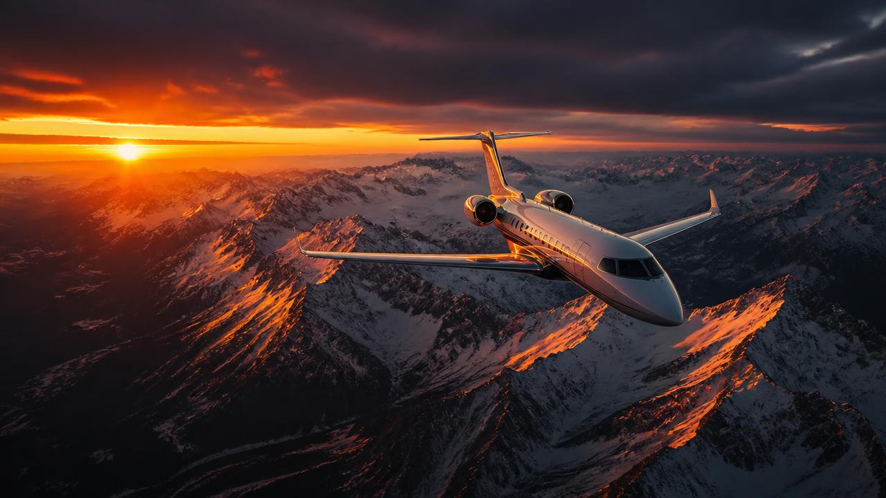 Privatjet über den Alpen bei Sonnenuntergang